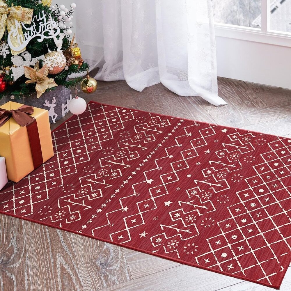 Jinchan Area Rug 2' x 5' Burgundy Red Entryway Geometric Accent Carpet